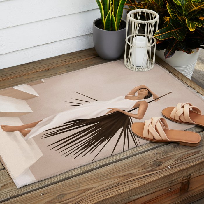 Minimal Woman with a Palm Leaf Outdoor Rug Gallery Image 2
