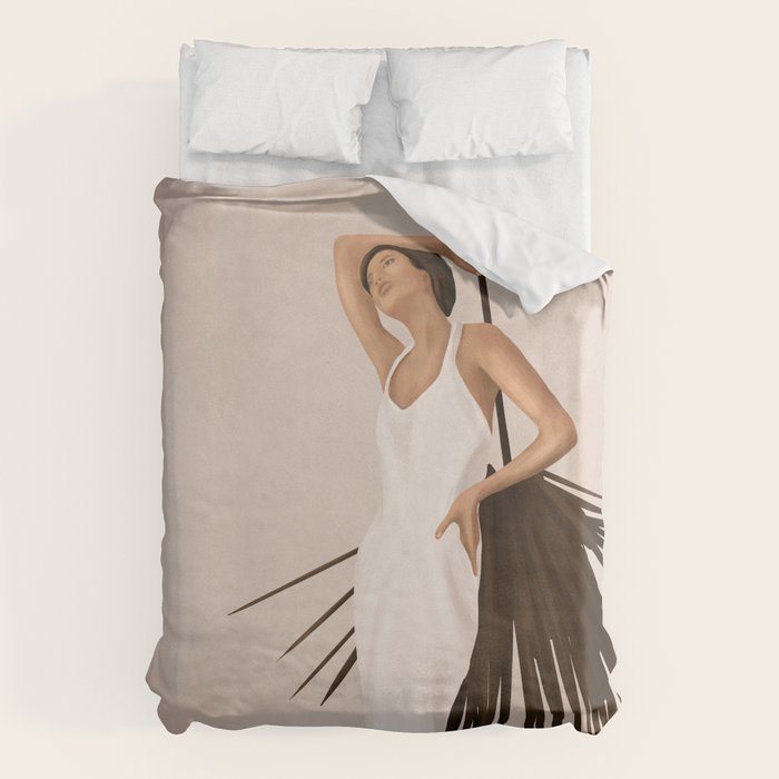 Minimal Woman with a Palm Leaf Duvet Cover Gallery Image 1