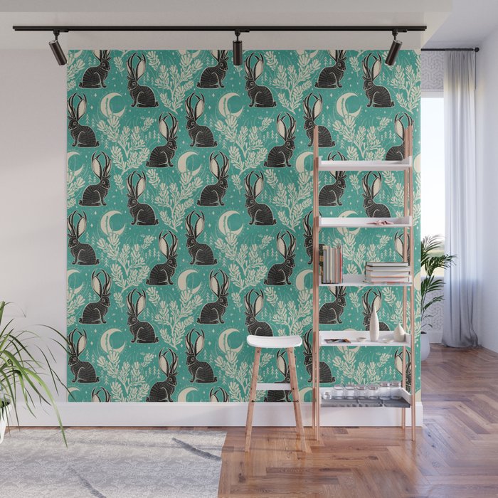 Jackalope - teal & black Wall Mural Gallery Image 1