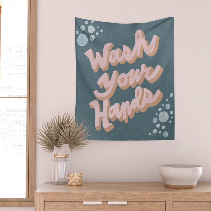 Wash Your Hands - Vintage Pink and Blue Wall Tapestry Gallery Image 2
