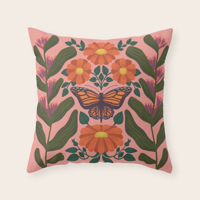 Monarch Butterfly and Milkweed  Throw Pillow Gallery Image 1