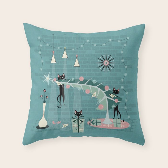 Retro Naughty Kitty Christmas Throw Pillow Gallery Image 1