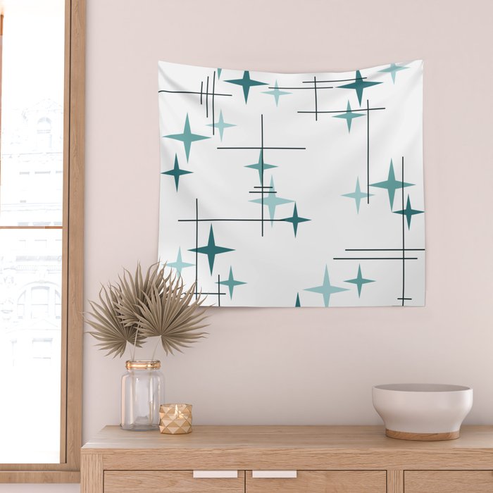 Mid Century Modern Stars (Teal) Wall Tapestry Gallery Image 2