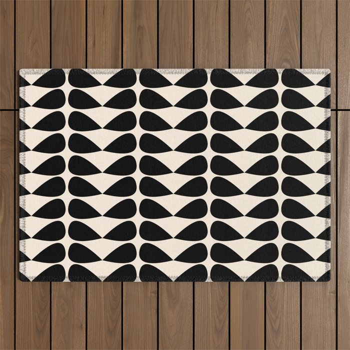 Mod Leaves Mid Century Modern Abstract Pattern in Black and Almond Cream Outdoor Rug Gallery Image 1