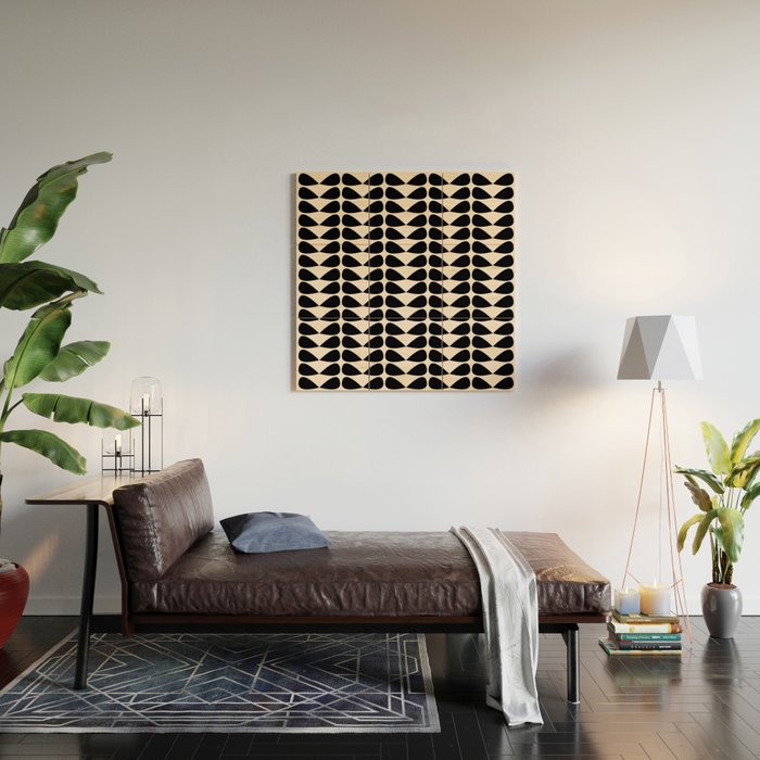 Mod Leaves Mid Century Modern Abstract Pattern in Black and Almond Cream Wood Wall Art Gallery Image 2