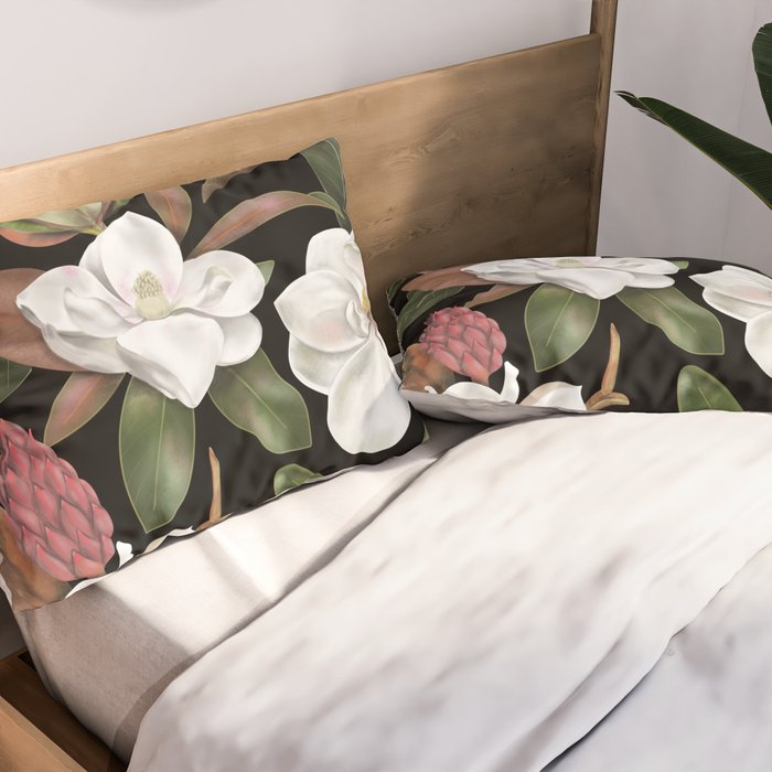 Magnolias Flowers Black Pillow Sham Gallery Image 2