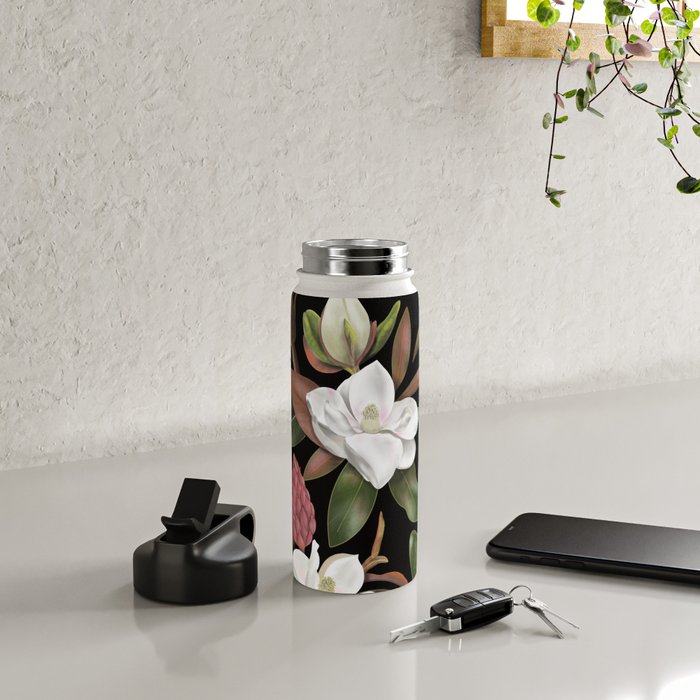 Magnolias Flowers Black Water Bottle Gallery Image 4