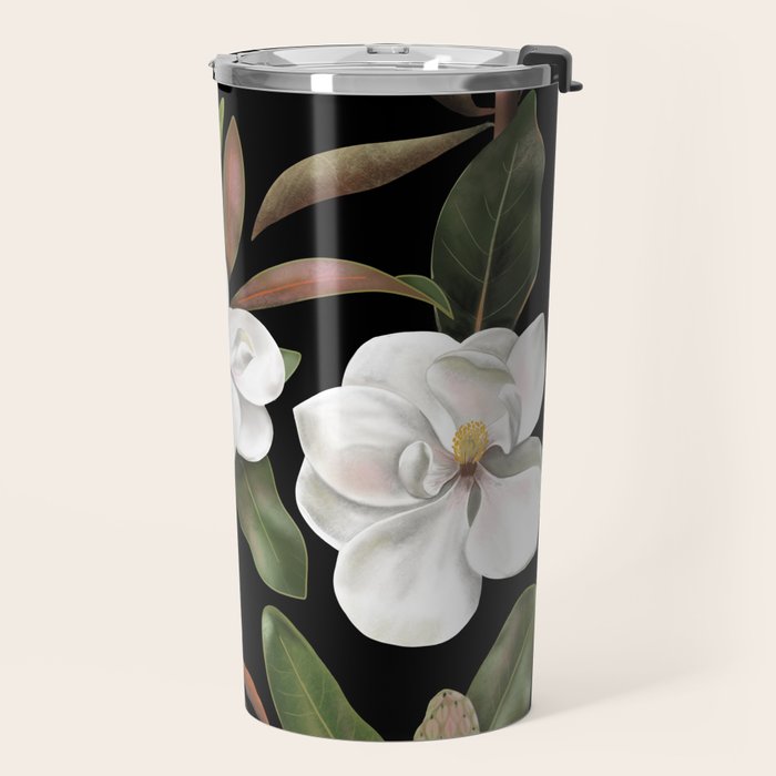 Magnolias Flowers Black Travel Mug Gallery Image 2