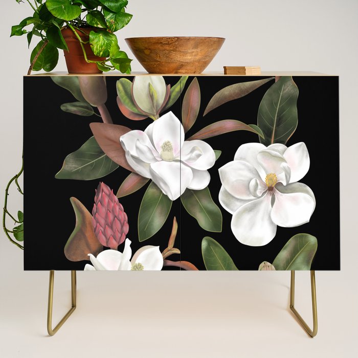 Magnolias Flowers Black Credenza Gallery Image 1