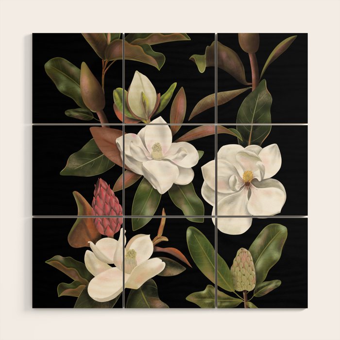 Magnolias Flowers Black Wood Wall Art Gallery Image 1
