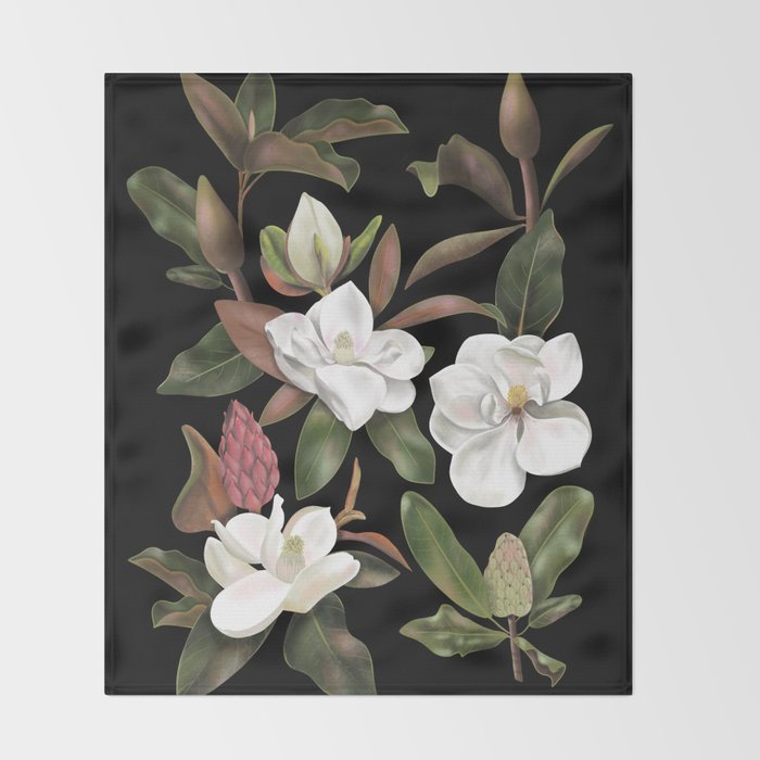 Magnolias Flowers Black Throw Blanket Gallery Image 2