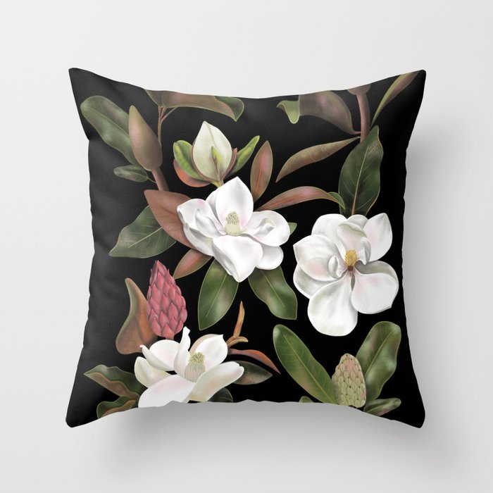 Magnolias Flowers Black Throw Pillow Gallery Image 6