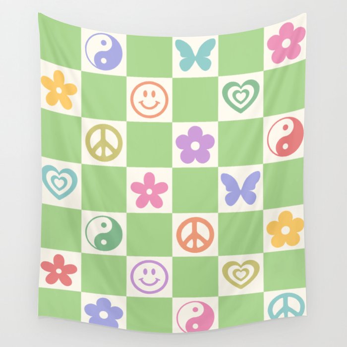Peace & Love Retro Nostalgia Green Checker Wall Tapestry Gallery Image 1