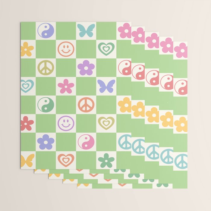 Peace & Love Retro Nostalgia Green Checker Wrapping Paper Gallery Image 3