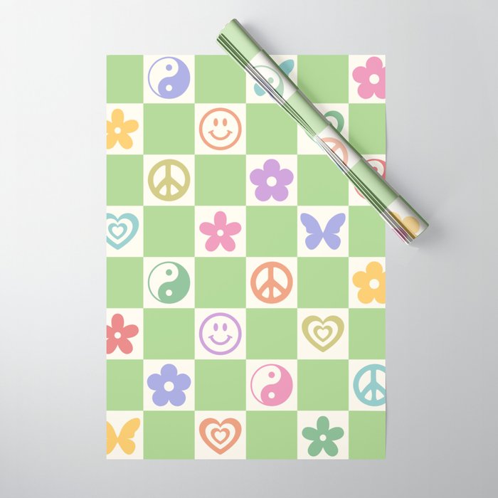 Peace & Love Retro Nostalgia Green Checker Wrapping Paper Gallery Image 1