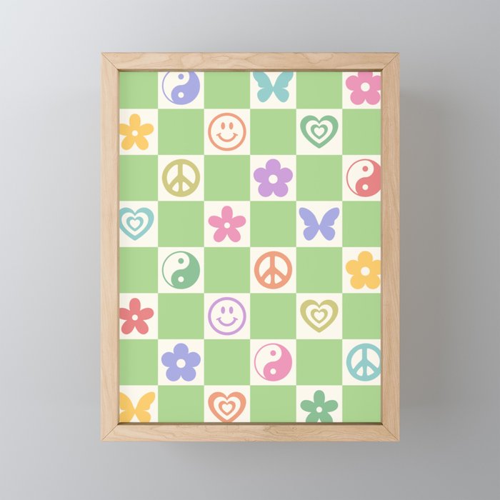 Peace & Love Retro Nostalgia Green Checker Mini Art Print Gallery Image 1