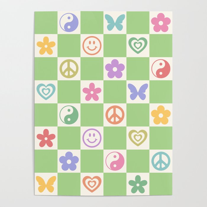 Peace & Love Retro Nostalgia Green Checker Poster Gallery Image 1