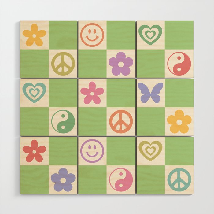 Peace & Love Retro Nostalgia Green Checker Wood Wall Art Gallery Image 1