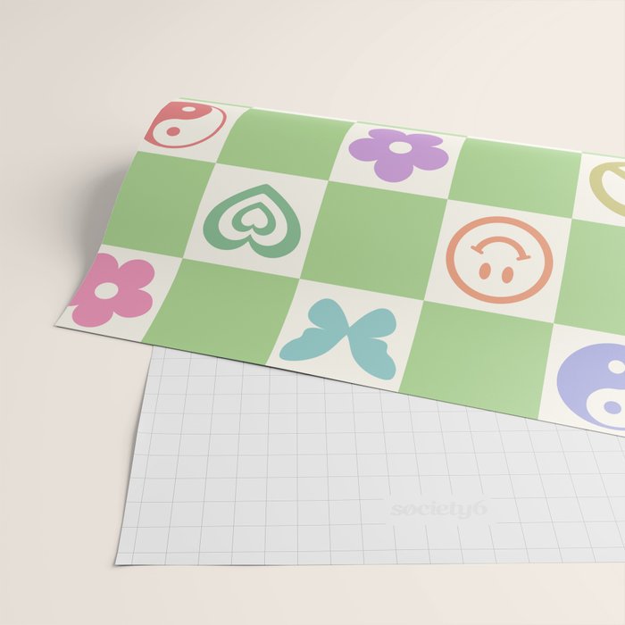 Peace & Love Retro Nostalgia Green Checker Wrapping Paper Gallery Image 2