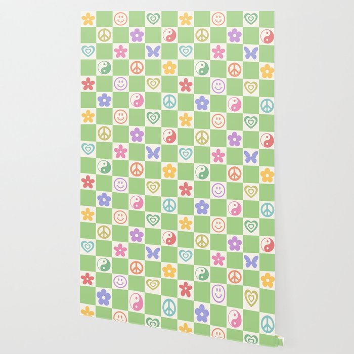 Peace & Love Retro Nostalgia Green Checker Wallpaper Gallery Image 2
