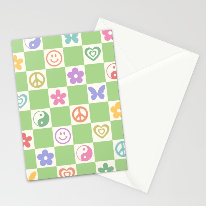 Peace & Love Retro Nostalgia Green Checker Stationery Card Gallery Image 2