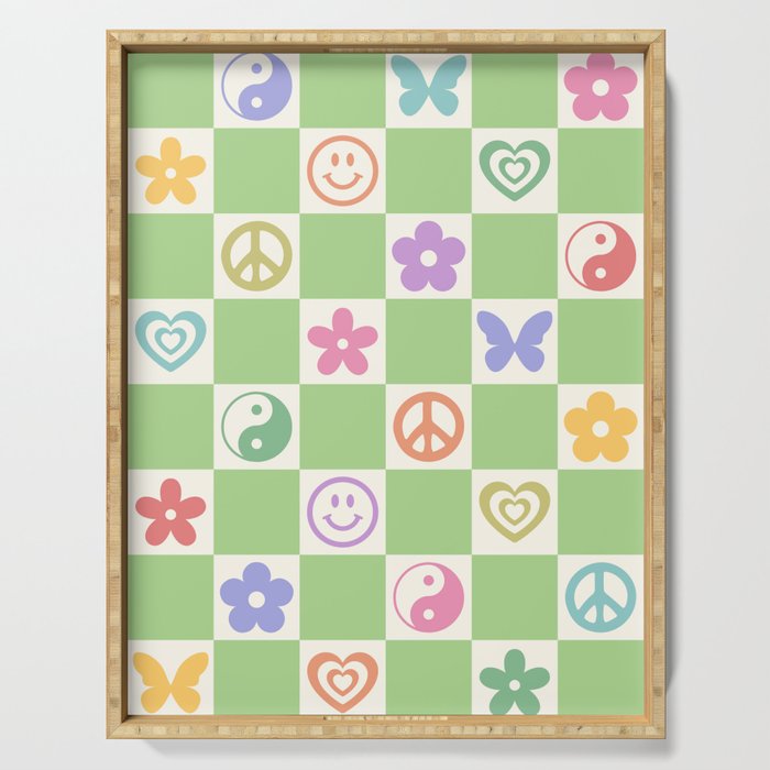 Peace & Love Retro Nostalgia Green Checker Serving Tray Gallery Image 1
