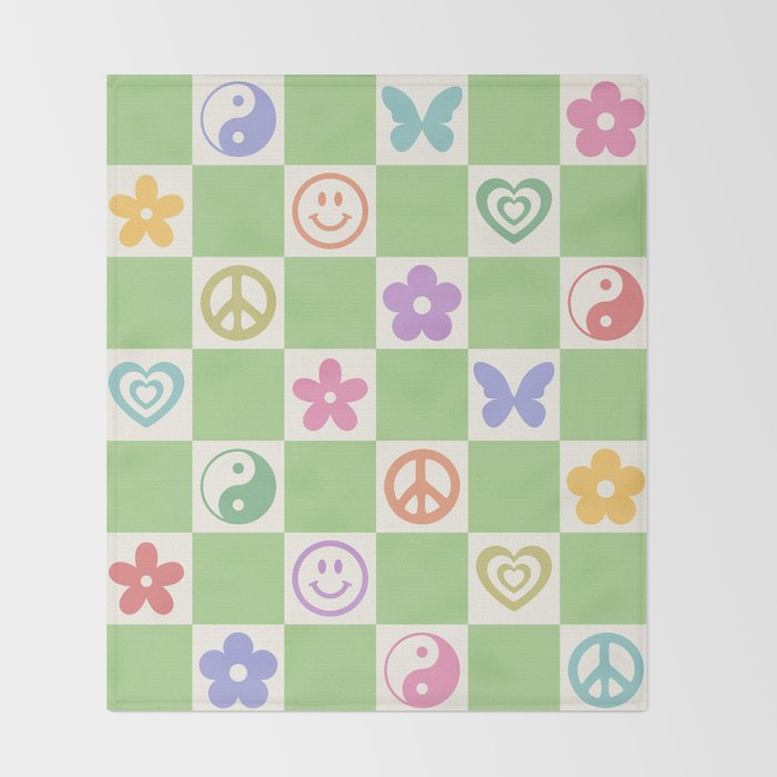 Peace & Love Retro Nostalgia Green Checker Throw Blanket Gallery Image 2