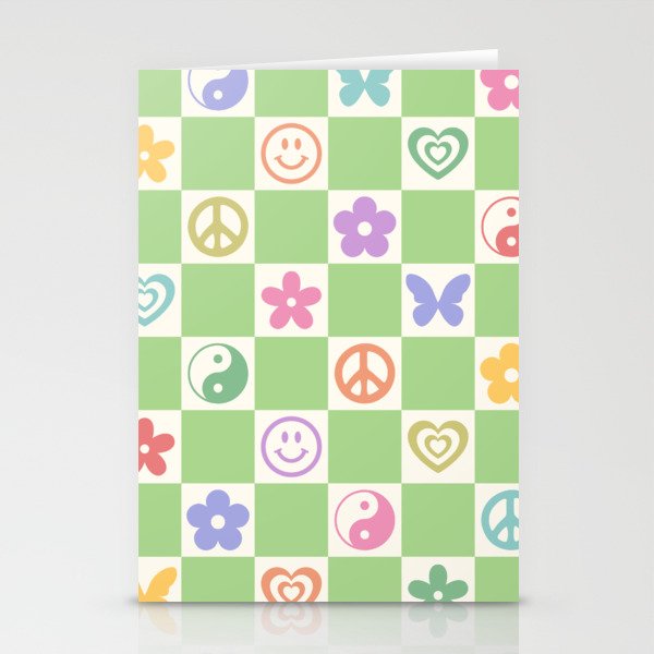 Peace & Love Retro Nostalgia Green Checker Stationery Card Gallery Image 1