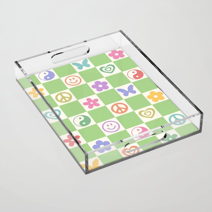 Peace & Love Retro Nostalgia Green Checker Acrylic Tray Gallery Image 1