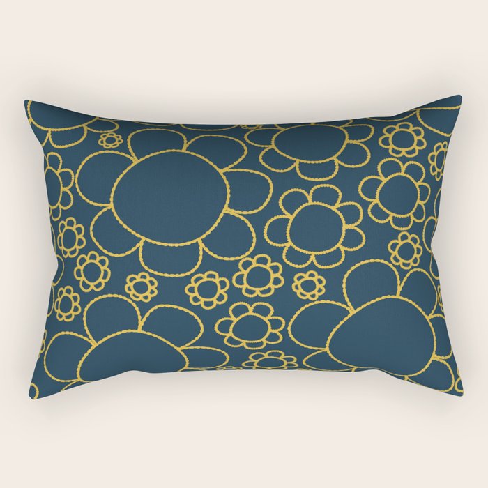 Navy Blue and Mustard Doodle Flowers Retro Floral Pattern Rectangular Pillow Gallery Image 2