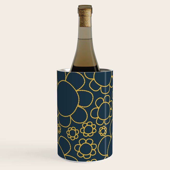 Navy Blue and Mustard Doodle Flowers Retro Floral Pattern Wine Chiller Gallery Image 1