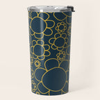 Navy Blue and Mustard Doodle Flowers Retro Floral Pattern Travel Mug Gallery Image 2