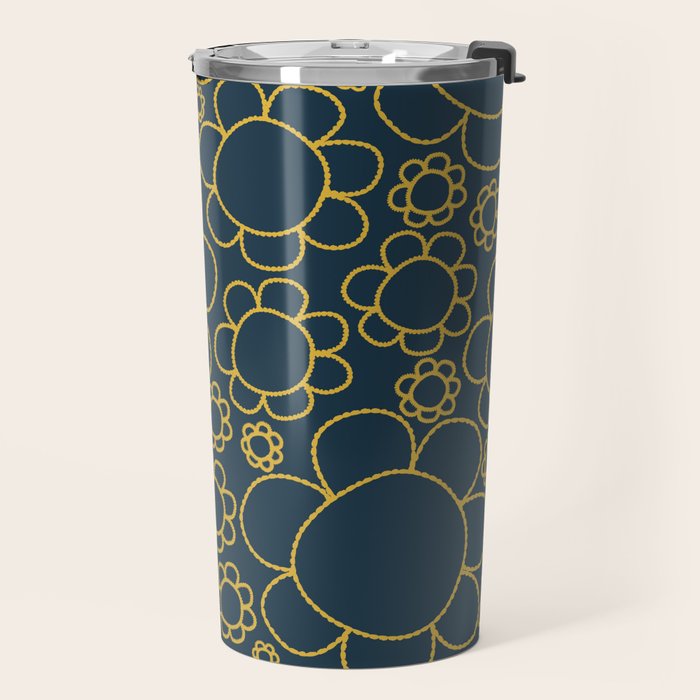 Navy Blue and Mustard Doodle Flowers Retro Floral Pattern Travel Mug Gallery Image 2