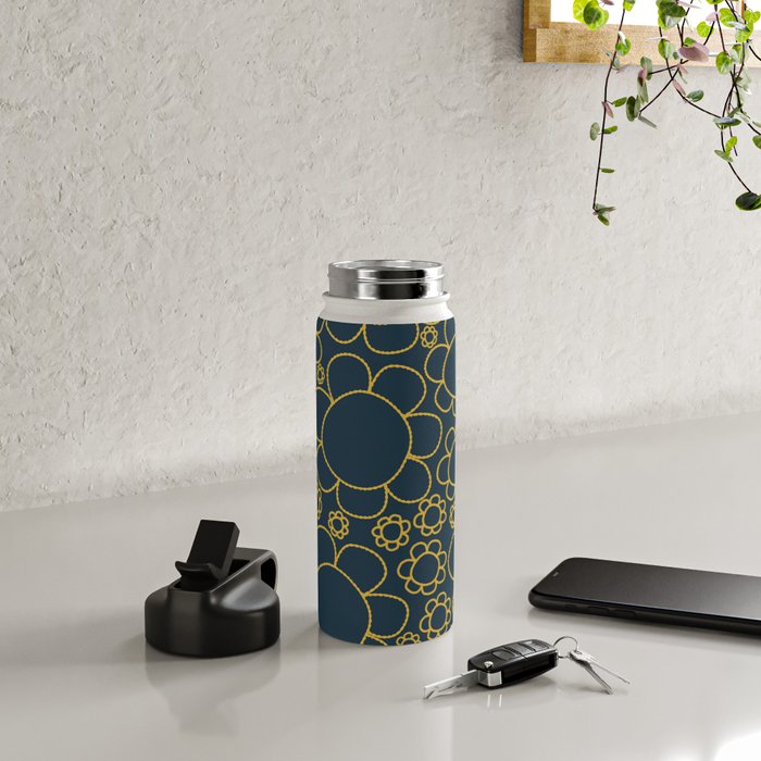 Navy Blue and Mustard Doodle Flowers Retro Floral Pattern Water Bottle Gallery Image 4