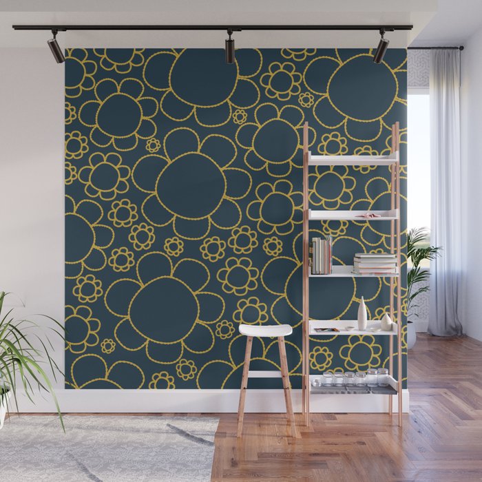 Navy Blue and Mustard Doodle Flowers Retro Floral Pattern Wall Mural Gallery Image 1