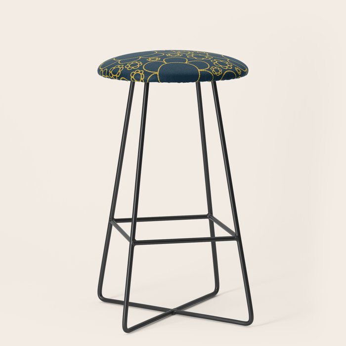 Navy Blue and Mustard Doodle Flowers Retro Floral Pattern Stool Gallery Image 1