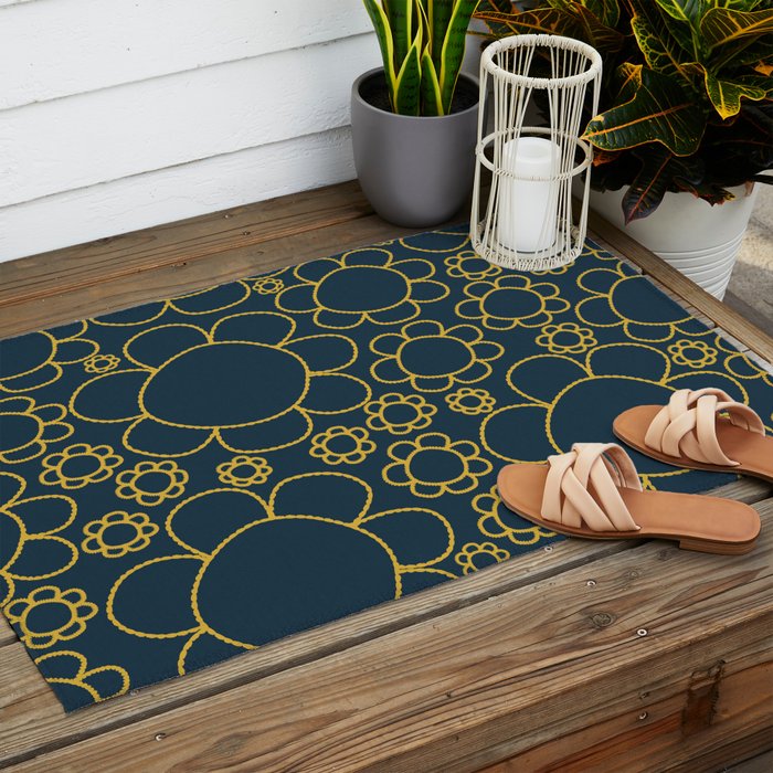 Navy Blue and Mustard Doodle Flowers Retro Floral Pattern Outdoor Rug Gallery Image 2