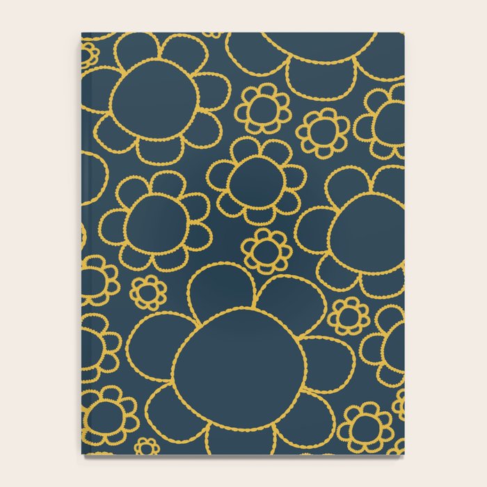 Navy Blue and Mustard Doodle Flowers Retro Floral Pattern Notebook Gallery Image 4
