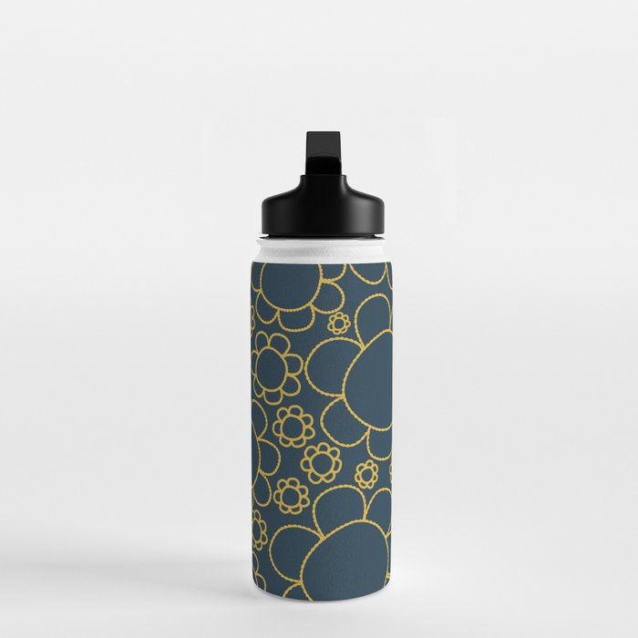 Navy Blue and Mustard Doodle Flowers Retro Floral Pattern Water Bottle Gallery Image 3