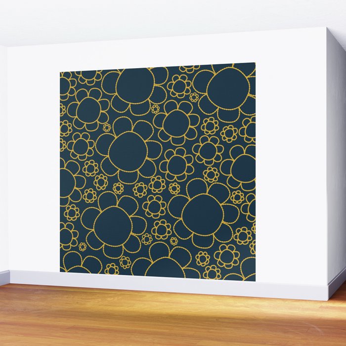 Navy Blue and Mustard Doodle Flowers Retro Floral Pattern Wall Mural Gallery Image 2