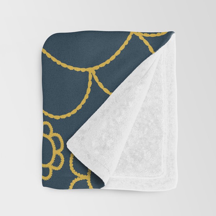 Navy Blue and Mustard Doodle Flowers Retro Floral Pattern Throw Blanket Gallery Image 3
