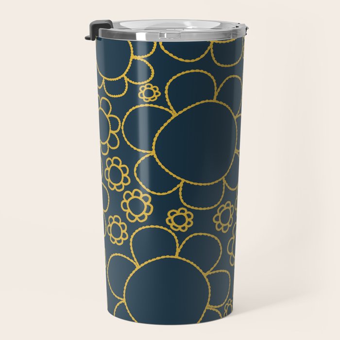 Navy Blue and Mustard Doodle Flowers Retro Floral Pattern Travel Mug Gallery Image 3