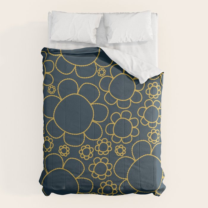 Navy Blue and Mustard Doodle Flowers Retro Floral Pattern Comforter Gallery Image 1