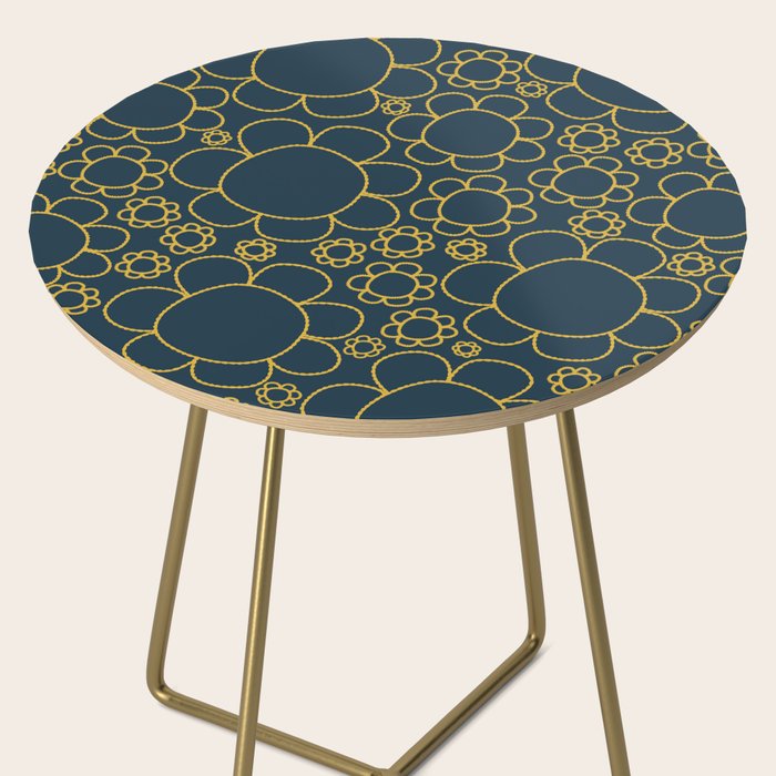Navy Blue and Mustard Doodle Flowers Retro Floral Pattern Side Table Gallery Image 2