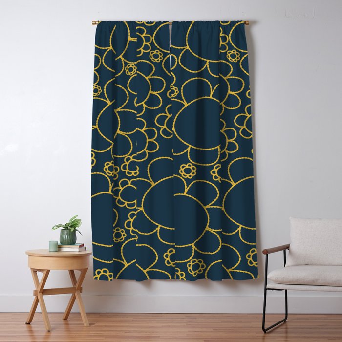 Navy Blue and Mustard Doodle Flowers Retro Floral Pattern Window Curtain Gallery Image 1