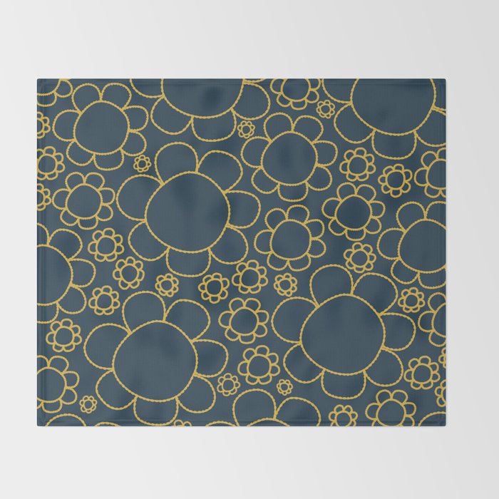 Navy Blue and Mustard Doodle Flowers Retro Floral Pattern Throw Blanket Gallery Image 2