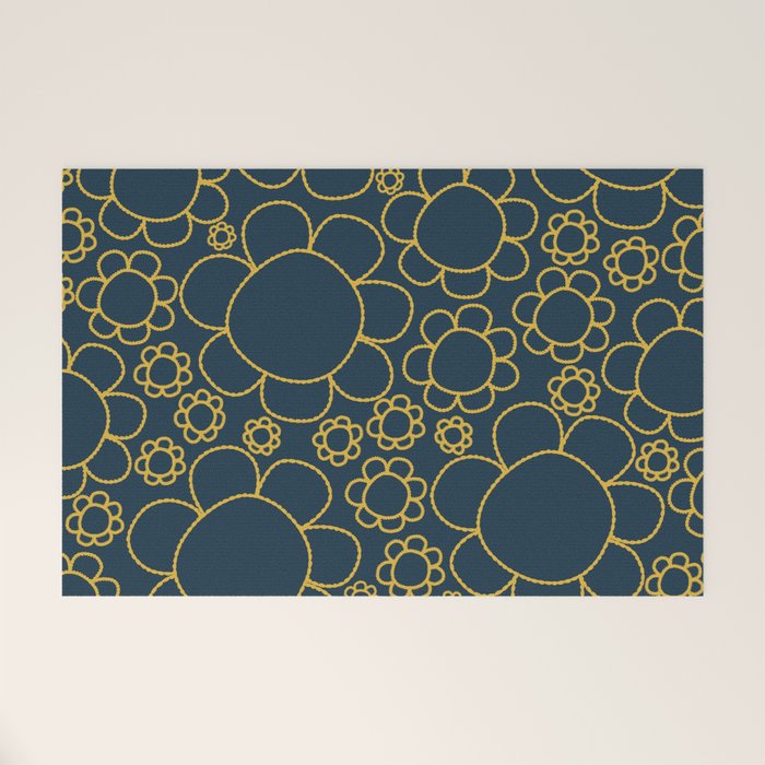 Navy Blue and Mustard Doodle Flowers Retro Floral Pattern Welcome Mat Gallery Image 1