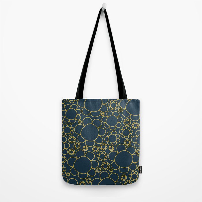 Navy Blue and Mustard Doodle Flowers Retro Floral Pattern Tote Bag Gallery Image 2