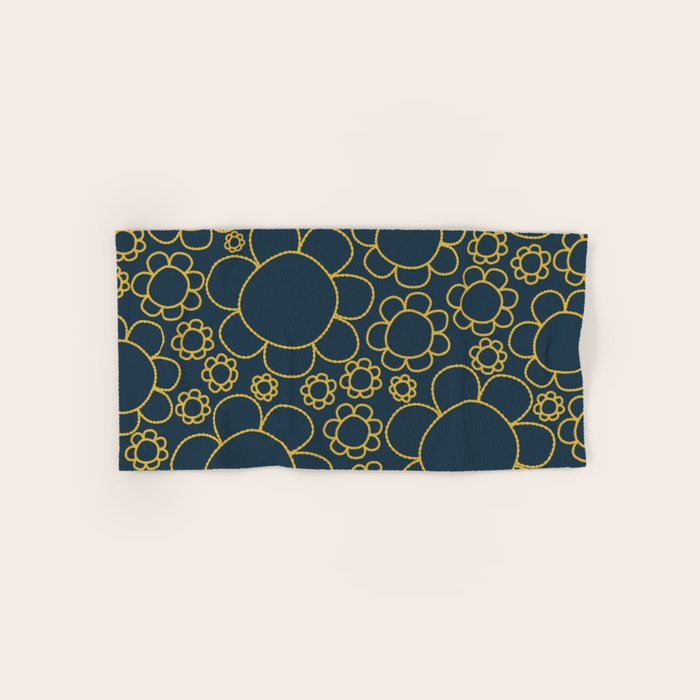 Navy Blue and Mustard Doodle Flowers Retro Floral Pattern Bath Towel Gallery Image 1