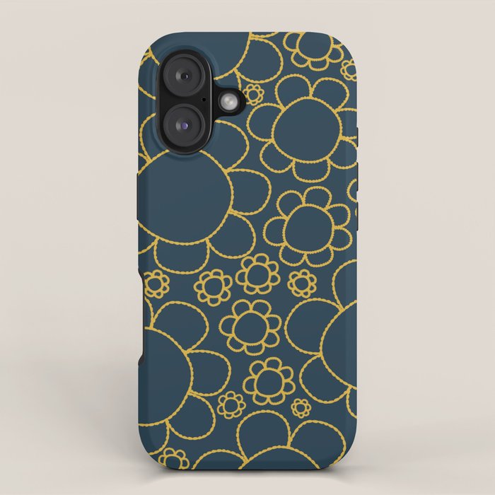 Navy Blue and Mustard Doodle Flowers Retro Floral Pattern iPhone Case Gallery Image 1